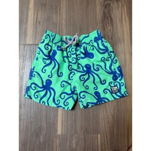 Tom & Teddy 3/4T Swim Trunks Green w/ Blue Octopus Print Preppy